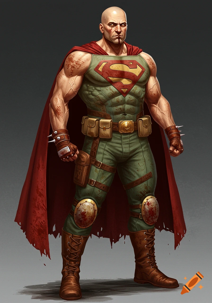 Buff bald man in a tattered green costume with an S logo and red cape, splattered with blood, character art.