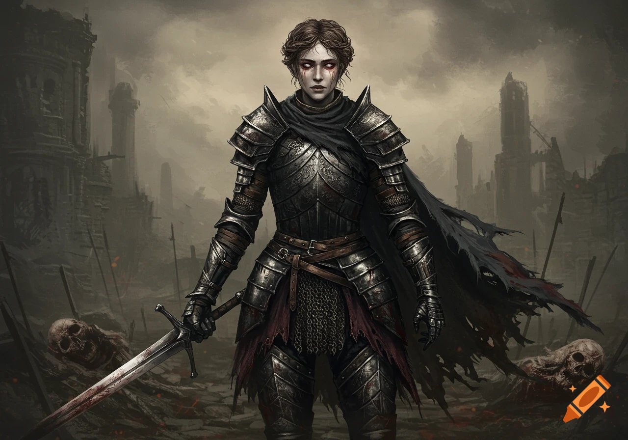 Female knight in dark armor stands in ruins, holding a sword, dark fantasy style.