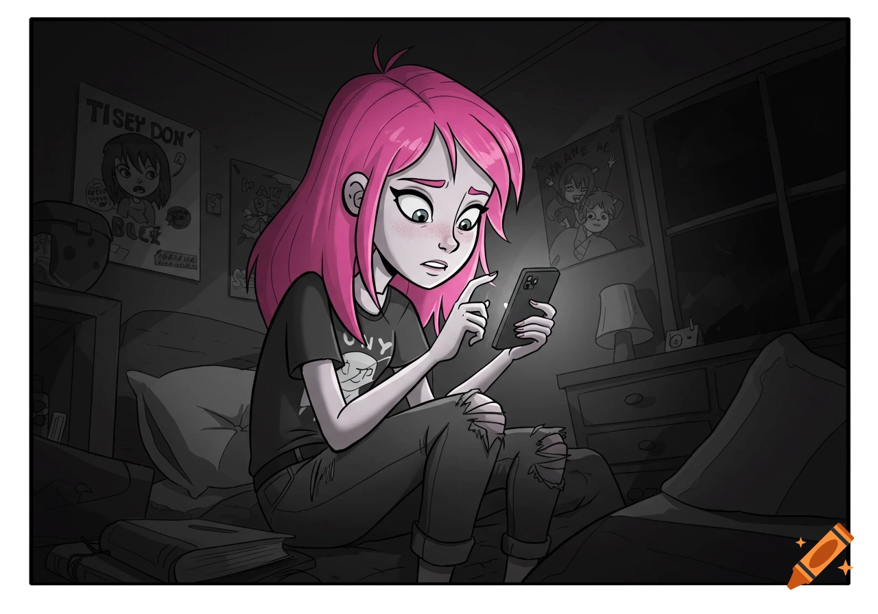 Cartoon of a teenager with pink hair looking at a cell phone in a dark bedroom.
