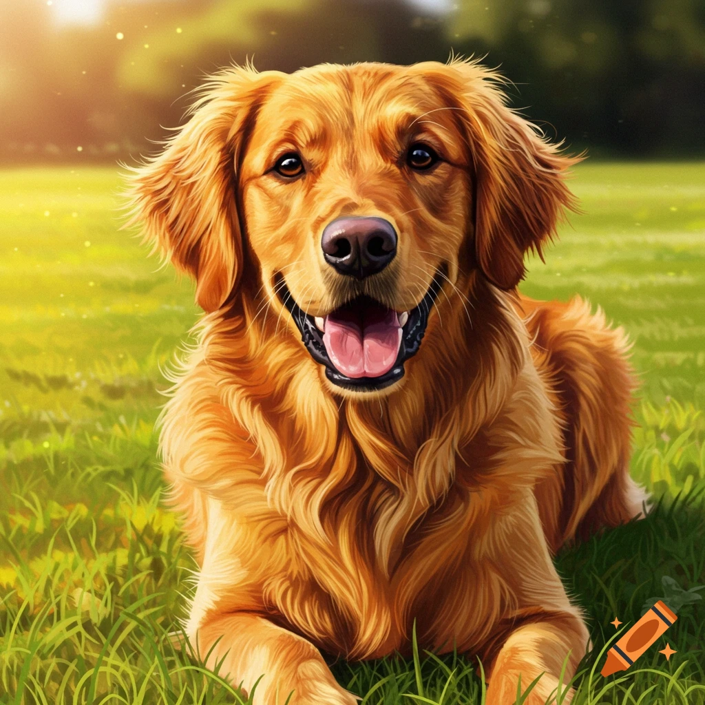 A golden retriever dog lies in green grass, smiling with its tongue out.