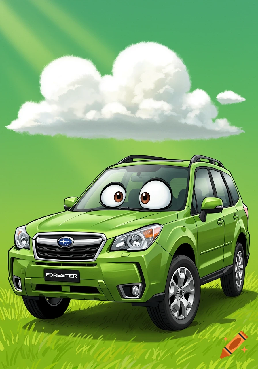 A green cartoon Subaru Forester with large eyes sits in a grassy field.