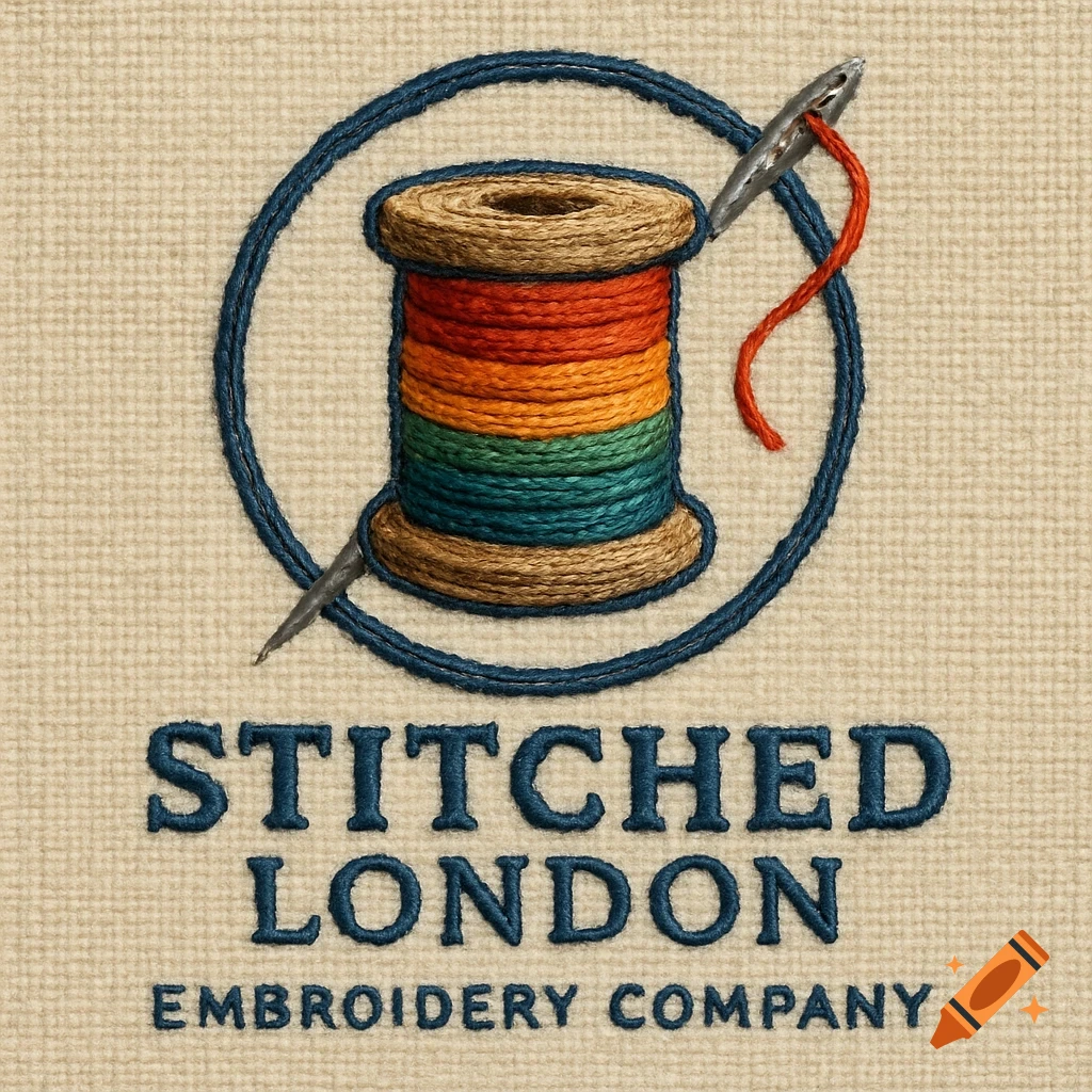 Logo for Stitched London Embroidery Company featuring a spool of thread and needle.