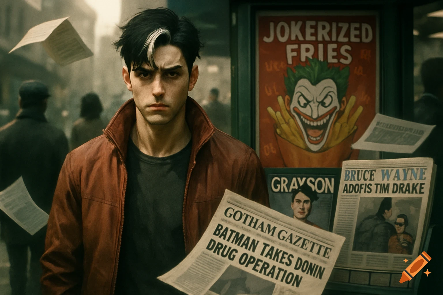 Man with dark hair and a white streak stands in a street with newspapers and a Joker ad flying around him. Cinematic style.