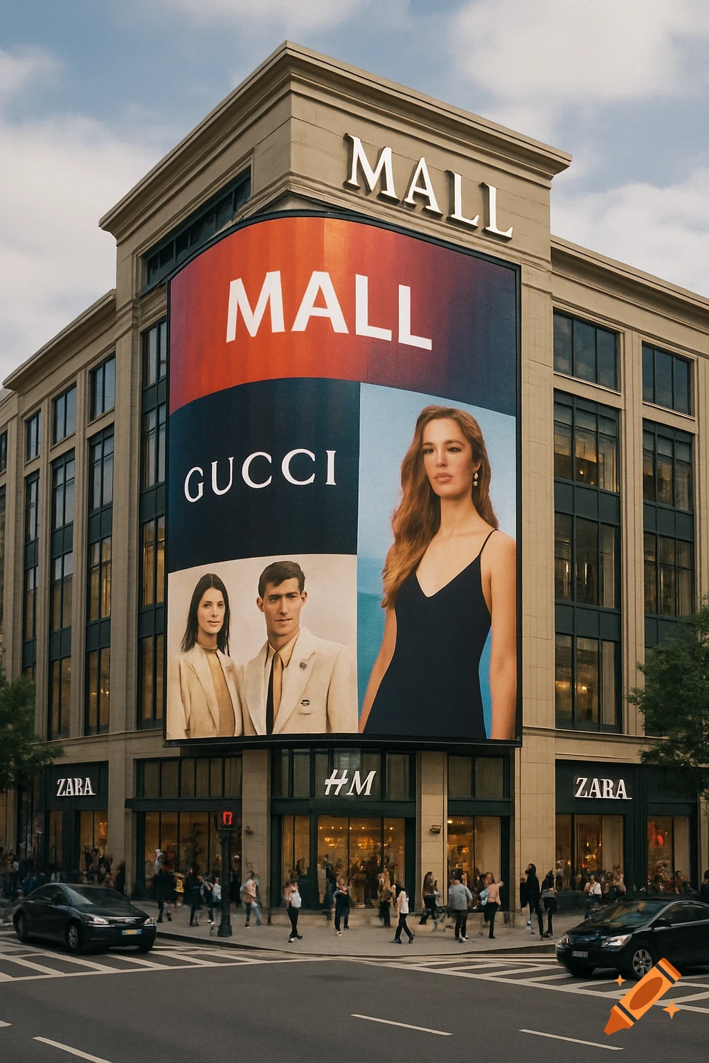 Photorealistic image of a large mall building with a LED display showing fashion ads (Gucci) and ground floor stores (Zara, H&M).