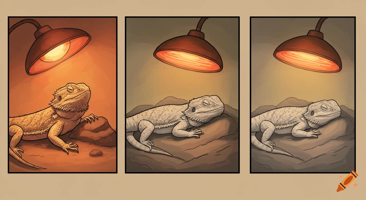 Three-panel comic illustration of a bearded dragon basking and sleeping under a heat lamp.