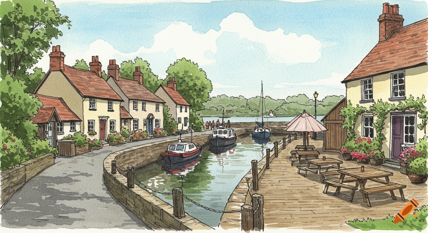 Watercolor painting of a UK harbor village with cottages, boats, and an inn with outdoor seating.
