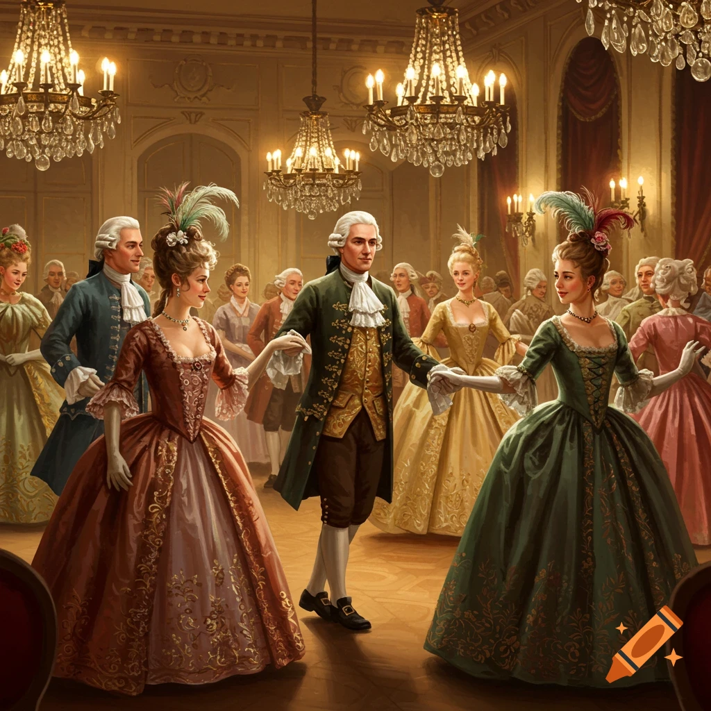 People in historical clothing dance in a grand ballroom with chandeliers.