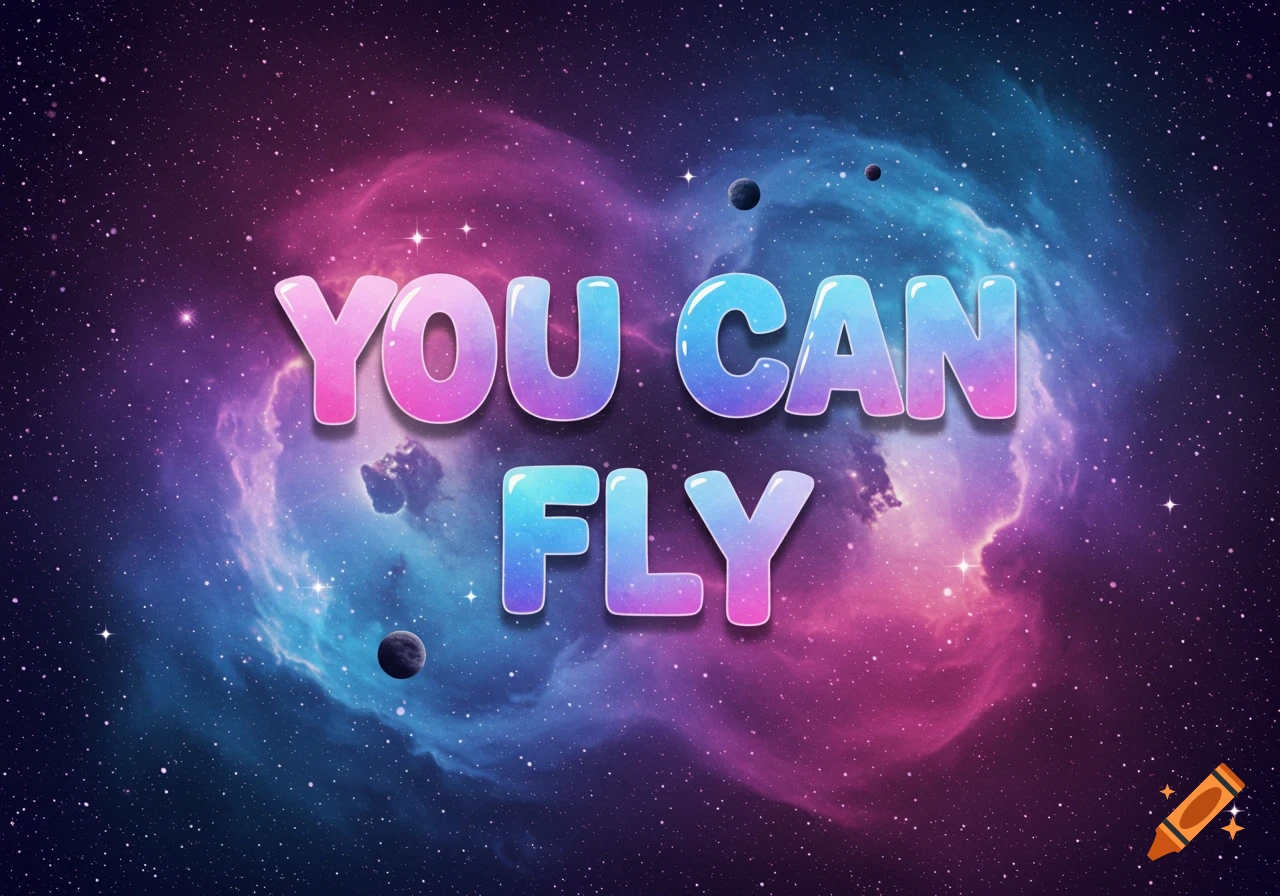 Text 'YOU CAN FLY' in pink and blue gradient over a colorful space nebula with stars and planets.