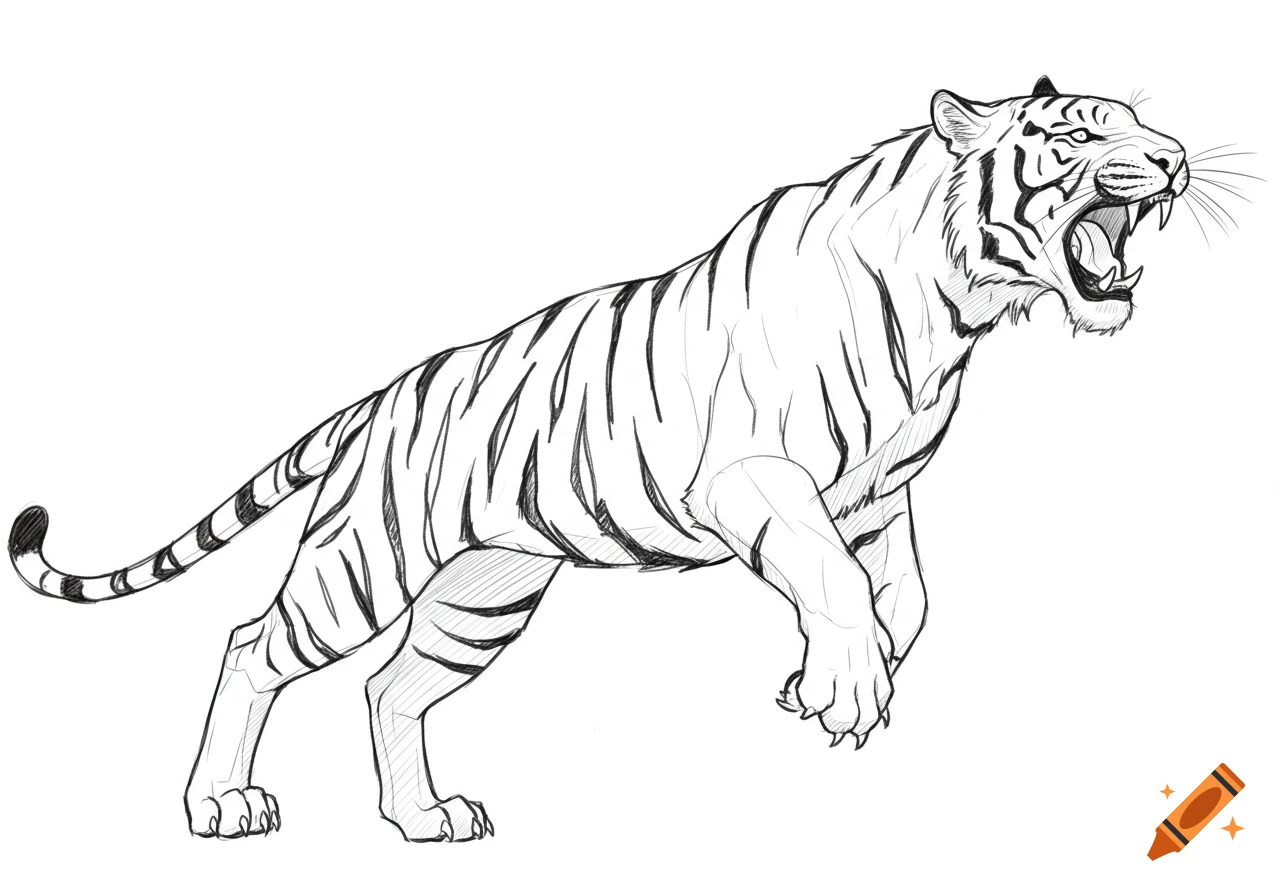 Pencil outline sketch of a jumping tiger with open mouth.