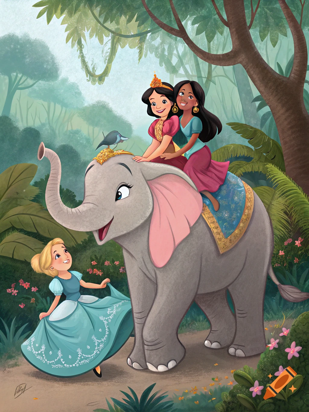 Cartoon illustration of three girls riding a happy elephant through a jungle.