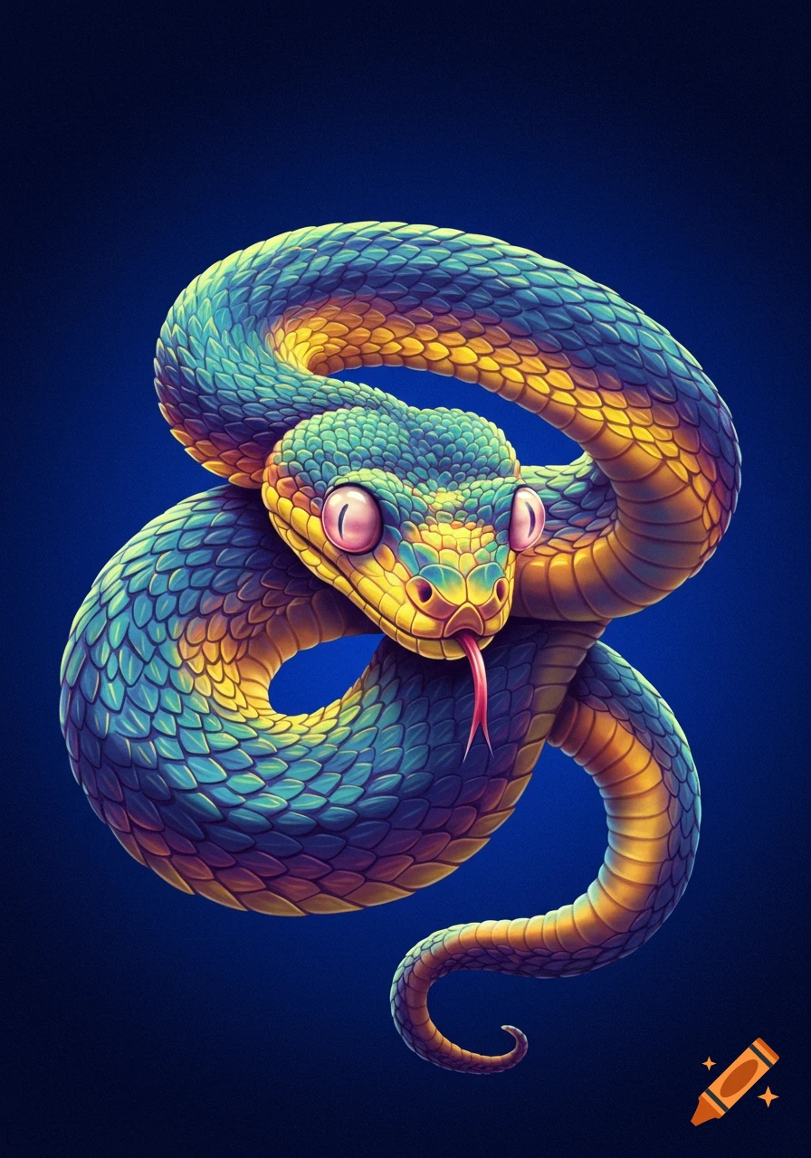 A vibrant, stylized illustration of a snake with large eyes coiled against a dark blue background.