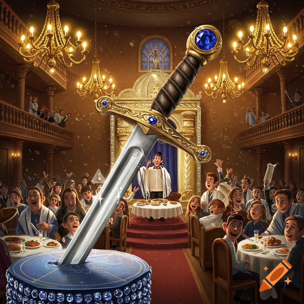 A large fantasy sword appears to conduct a bar mitzvah ceremony in a synagogue filled with cheering cartoon people.