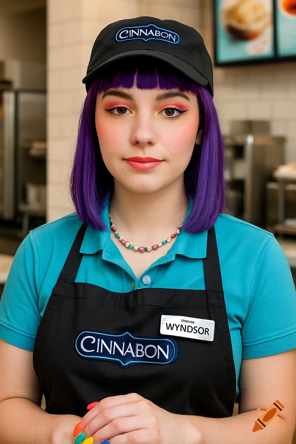 A portrait of a young woman in a Cinnabon uniform, wearing a cap and apron, with purple hair and colorful makeup.