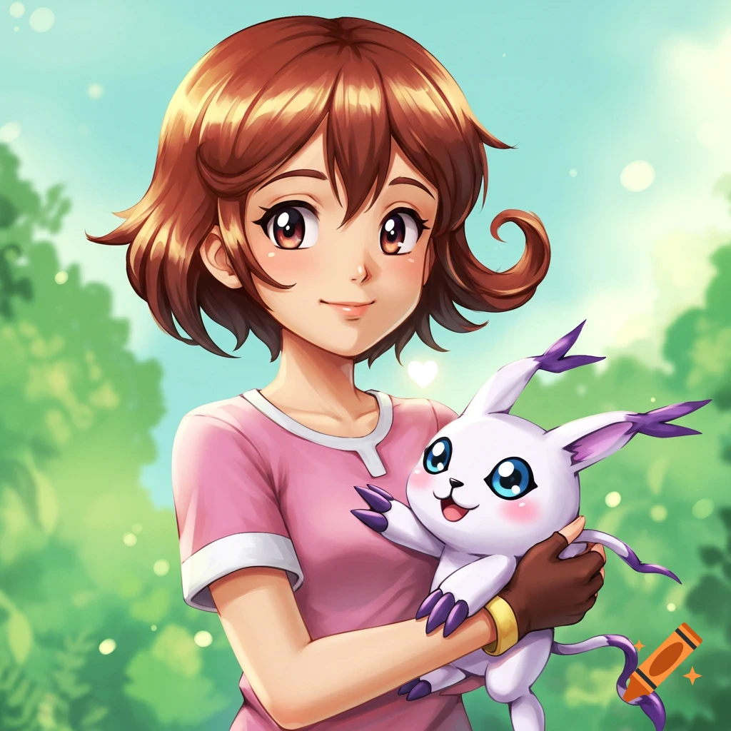 Anime illustration of a young girl holding a white Digimon creature