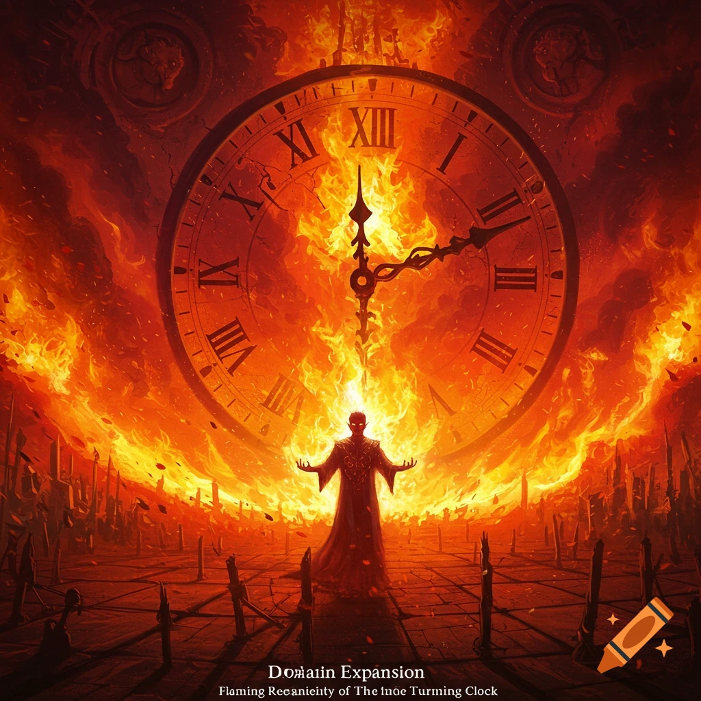 A figure stands in a fiery landscape before a giant clock, surrounded by destruction.