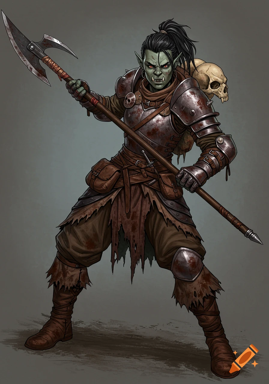 An armored orc fighter with a glaive and a skull backpack stands ready.