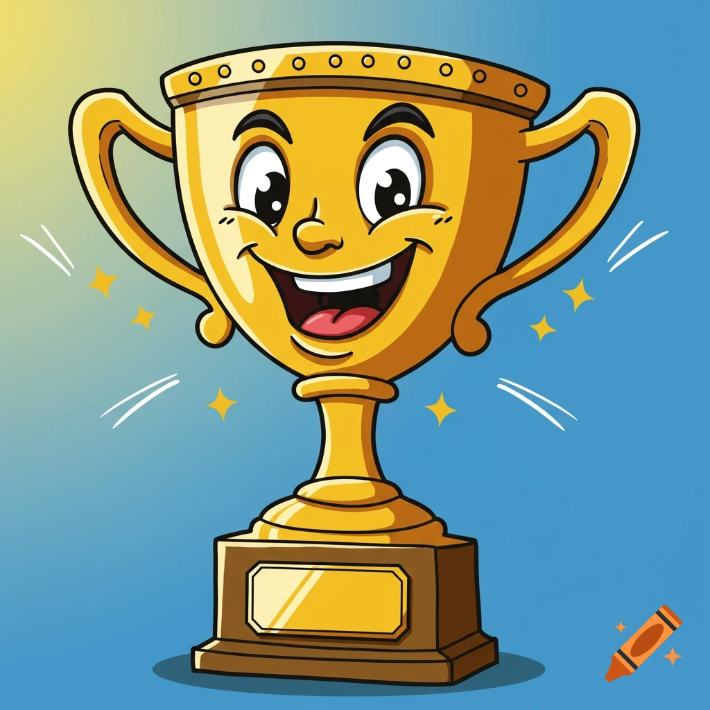 A happy cartoon golden trophy with a face on a blue background.
