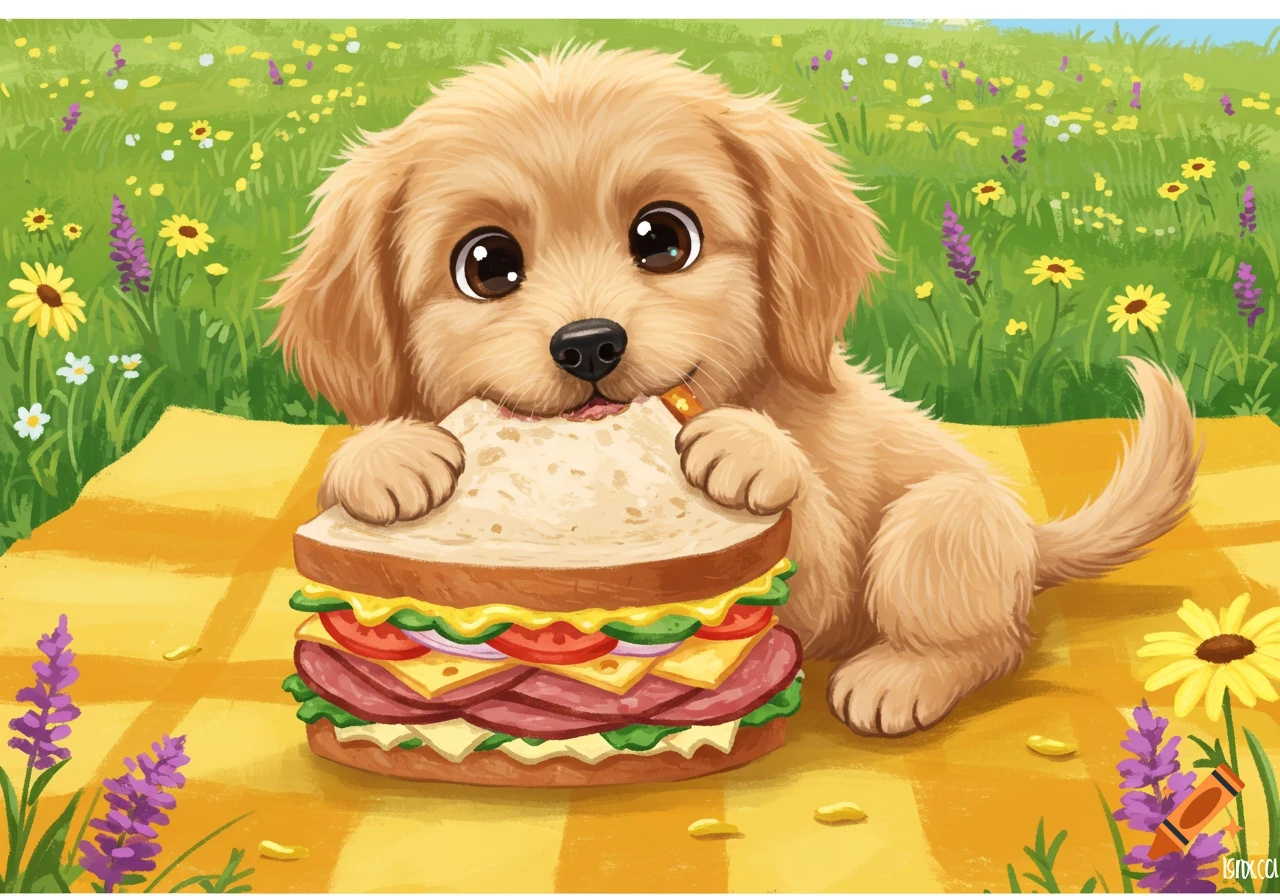 Cute cartoon puppy eating a large sandwich on a picnic blanket in a field of flowers.