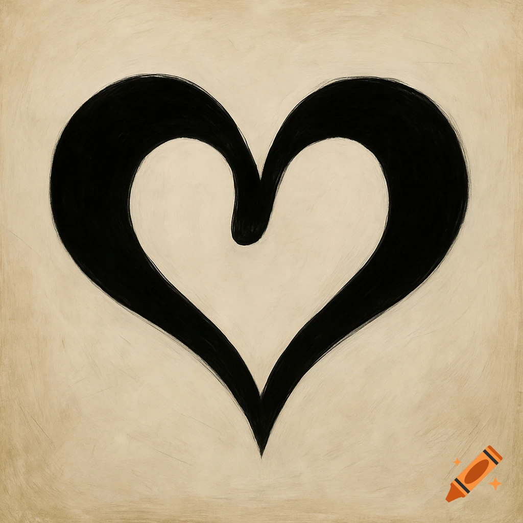 A stylized black heart symbol drawn on a textured light brown background.