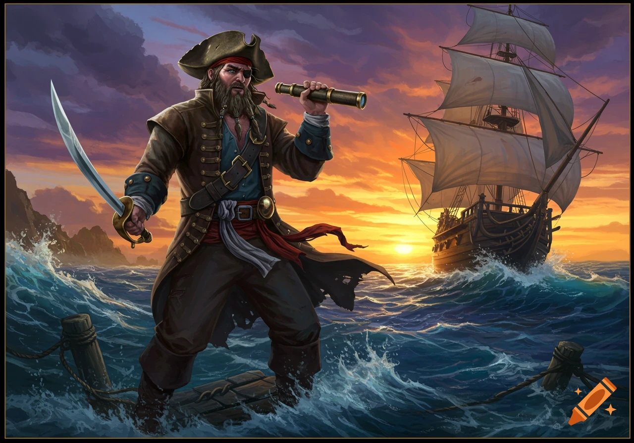 A pirate stands on planks in the sea, looking through a spyglass at a ship during sunset. Detailed digital painting.