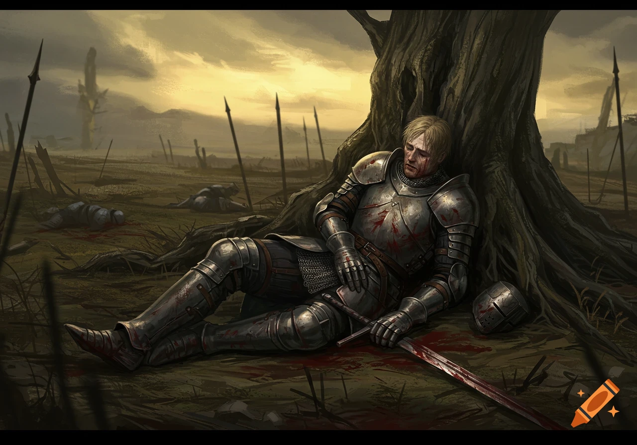 Digital painting of a wounded knight leaning against a tree on a bloodied battlefield with dead bodies and spears.