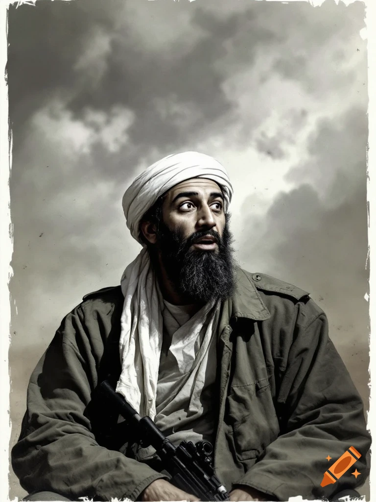 Portrait of a man resembling Osama bin Laden, wearing a turban and military jacket, holding a rifle, looking scared under a cloudy sky.