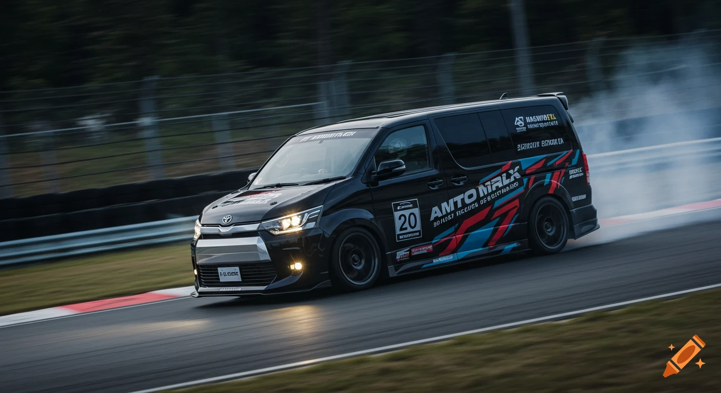A black racing van with red and blue livery and number 20 drifts on a race track, tire smoke visible.