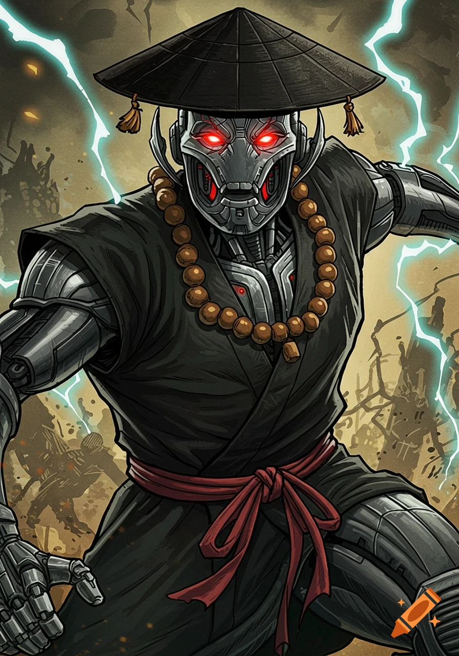 Comic style art of Ultron wearing a conical hat and robe, surrounded by lightning