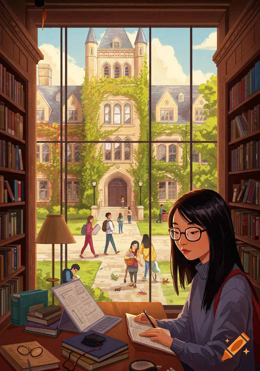 Illustration of a student studying in a library with a view of a university campus.