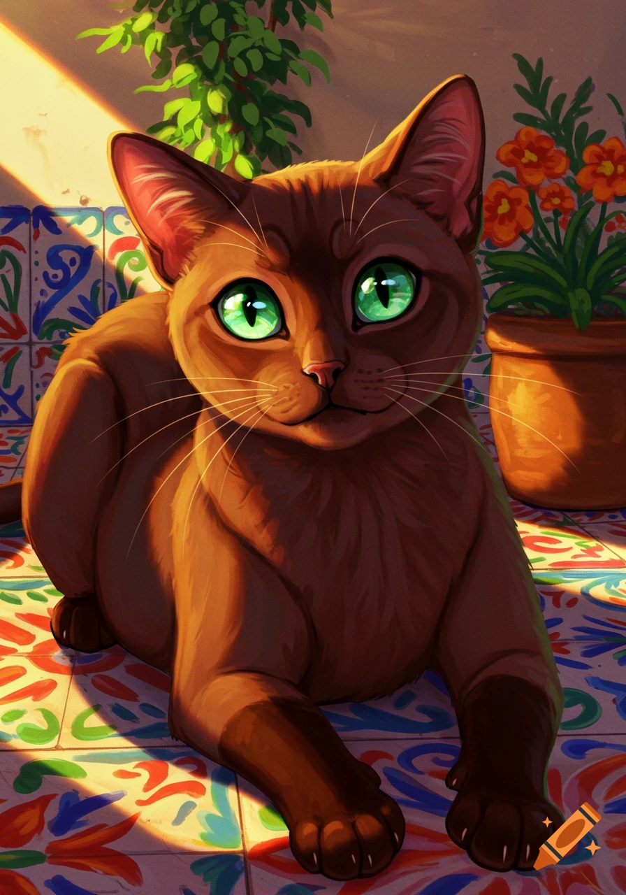 Illustration of a brown cat with green eyes lying on colorful Mexican tiles in sunlight