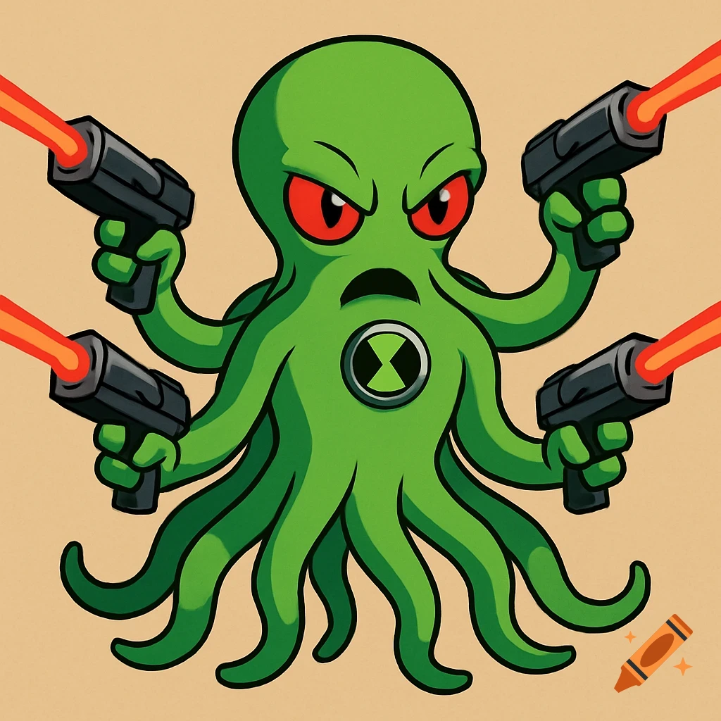 A cartoon green octopus with red eyes holds four laser guns and has a black and green symbol on its chest.