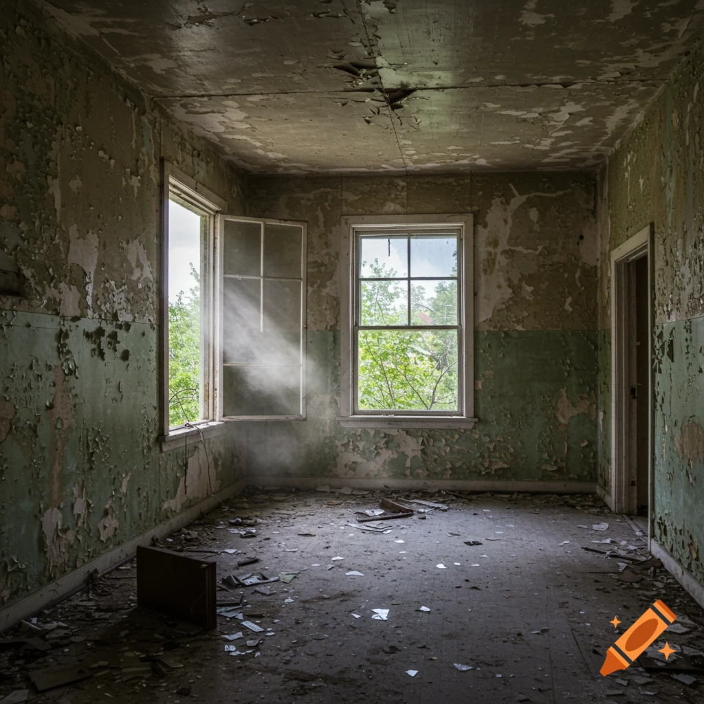 Interior of a derelict room with peeling paint, debris, and light shining through open windows.