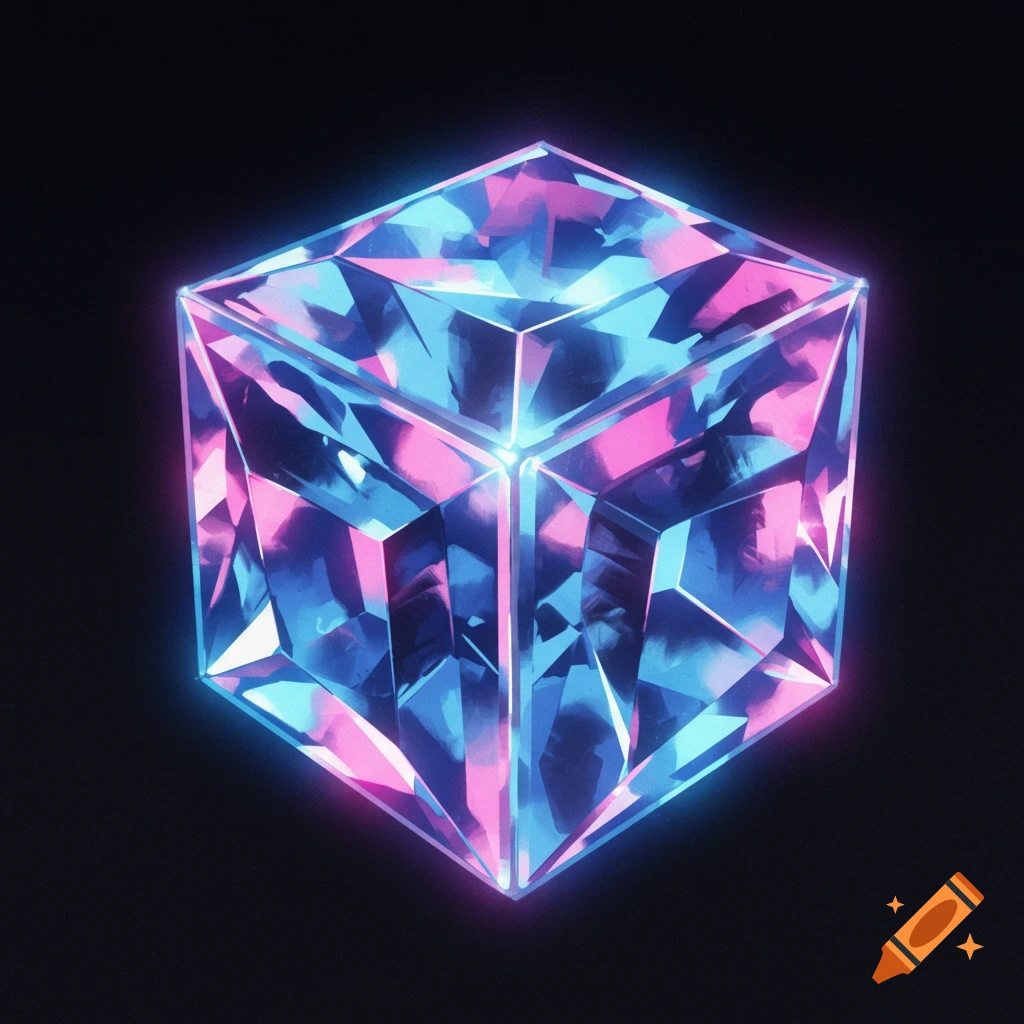 A faceted crystal cube glows with neon pink and blue light on a black background.