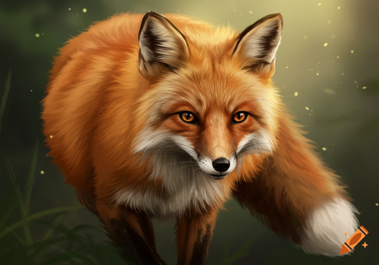 Digital painting of a red fox looking forward in a forest.