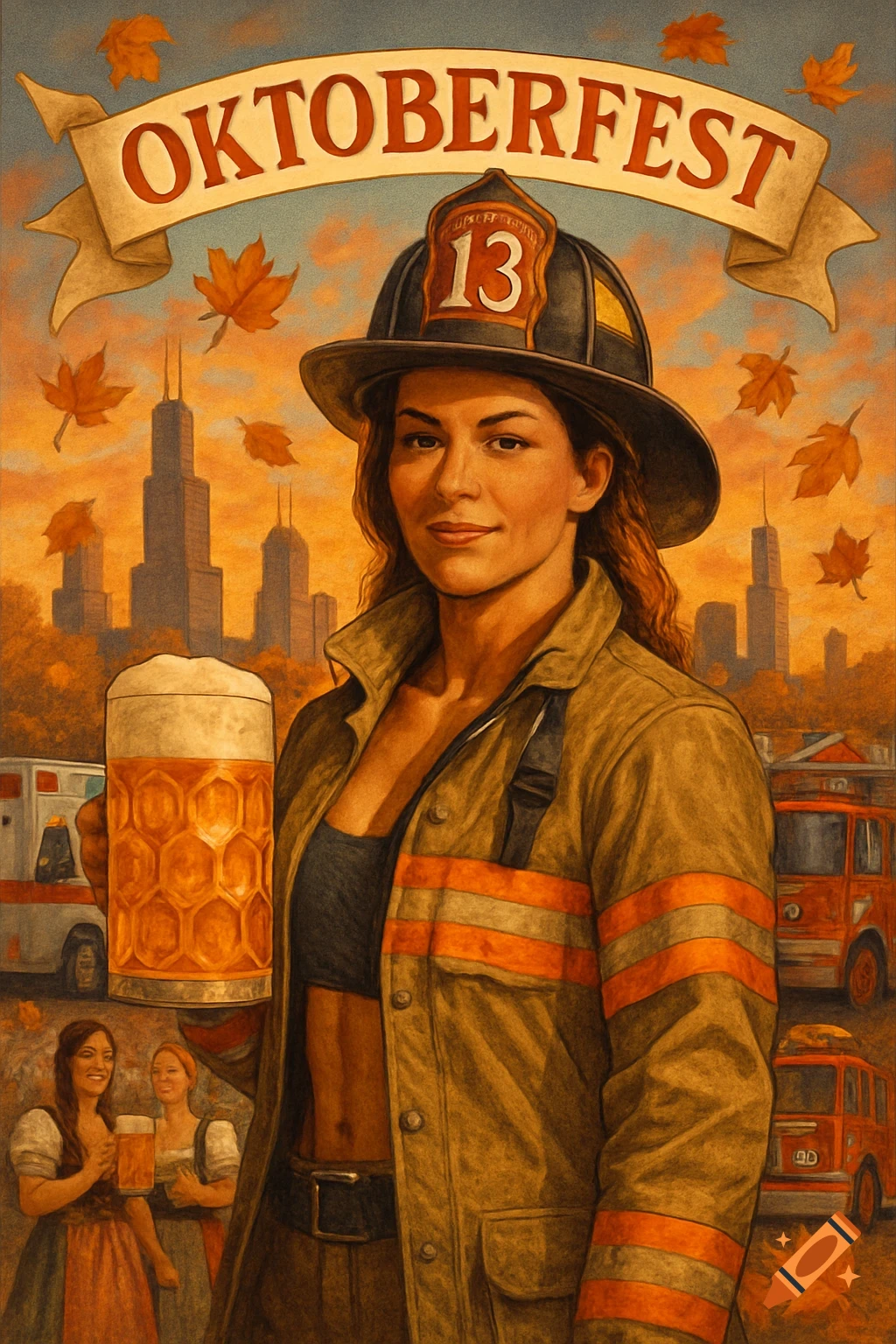 Retro-style illustration of a female firefighter holding a beer mug at an Oktoberfest celebration with a Chicago skyline background and falling leaves.