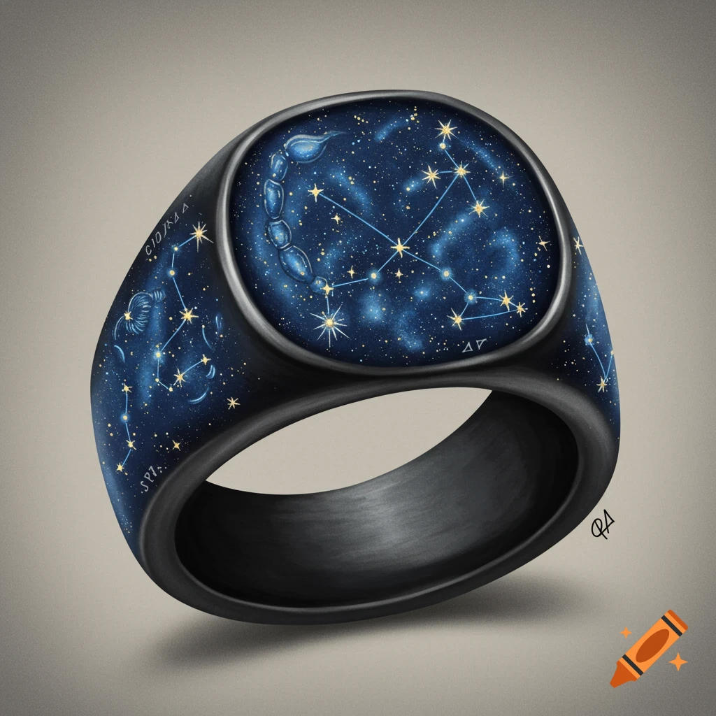A black signet ring features a deep blue starry sky with constellations, including Scorpius, on its surface.
