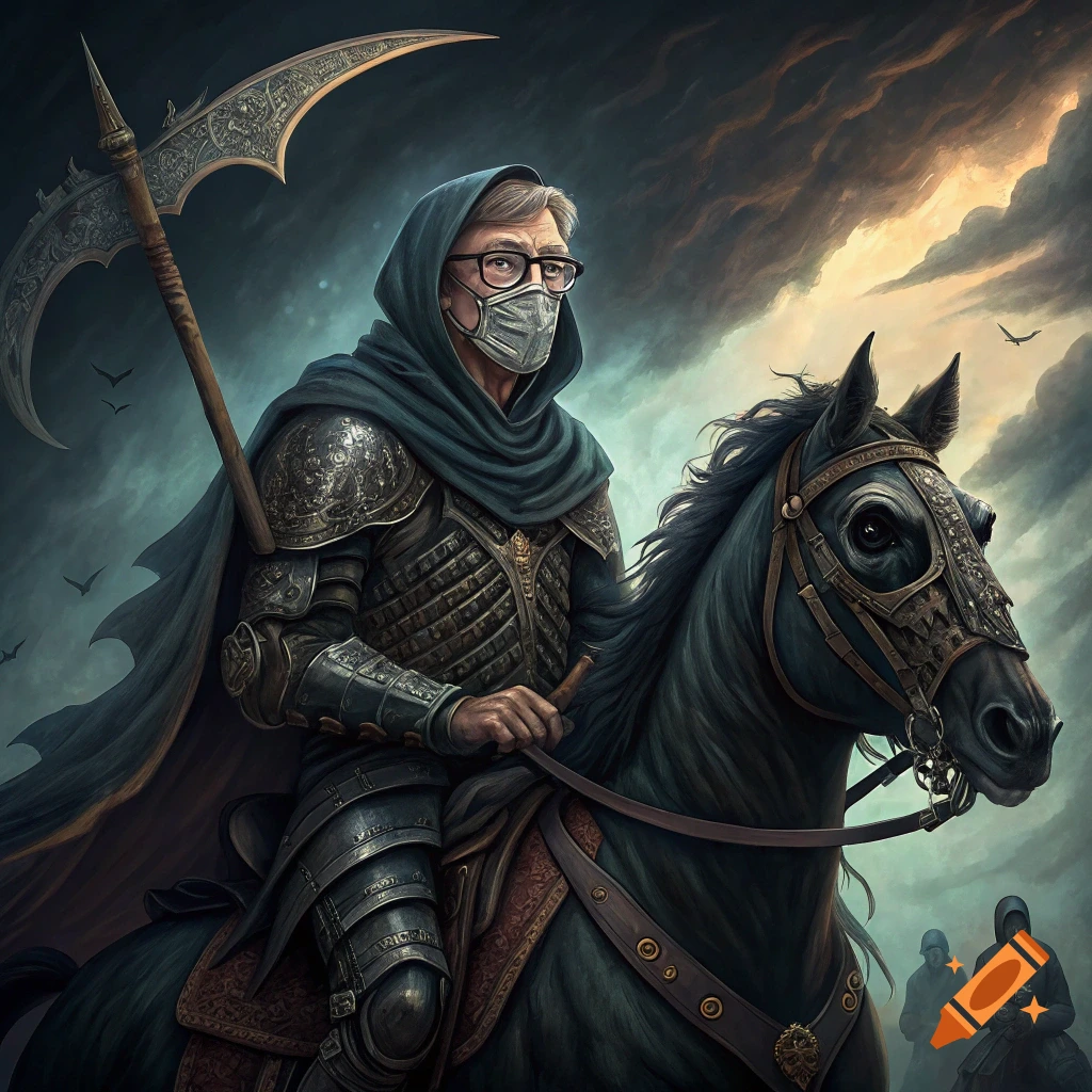 Bill Gates in dark fantasy armor riding a black horse and holding a scythe