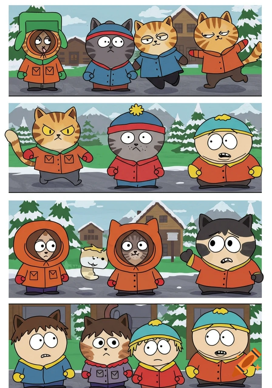 Cartoon strip featuring cats dressed as South Park characters