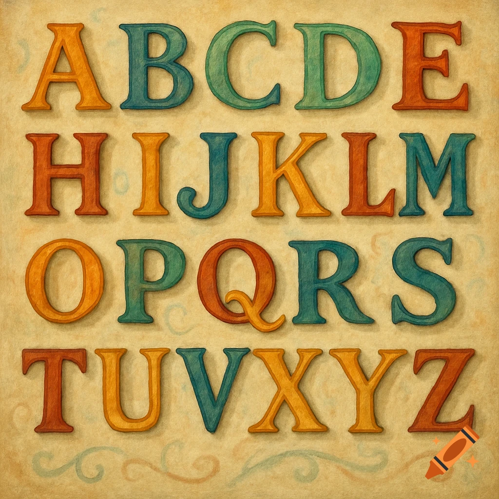 Colorful illustrated alphabet letters A through Z on a textured background
