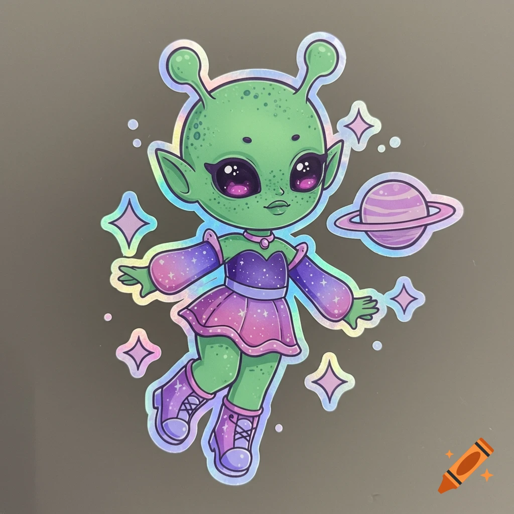 Cute cartoon alien girl with big eyes floating in space with a planet, styled like a holographic sticker.
