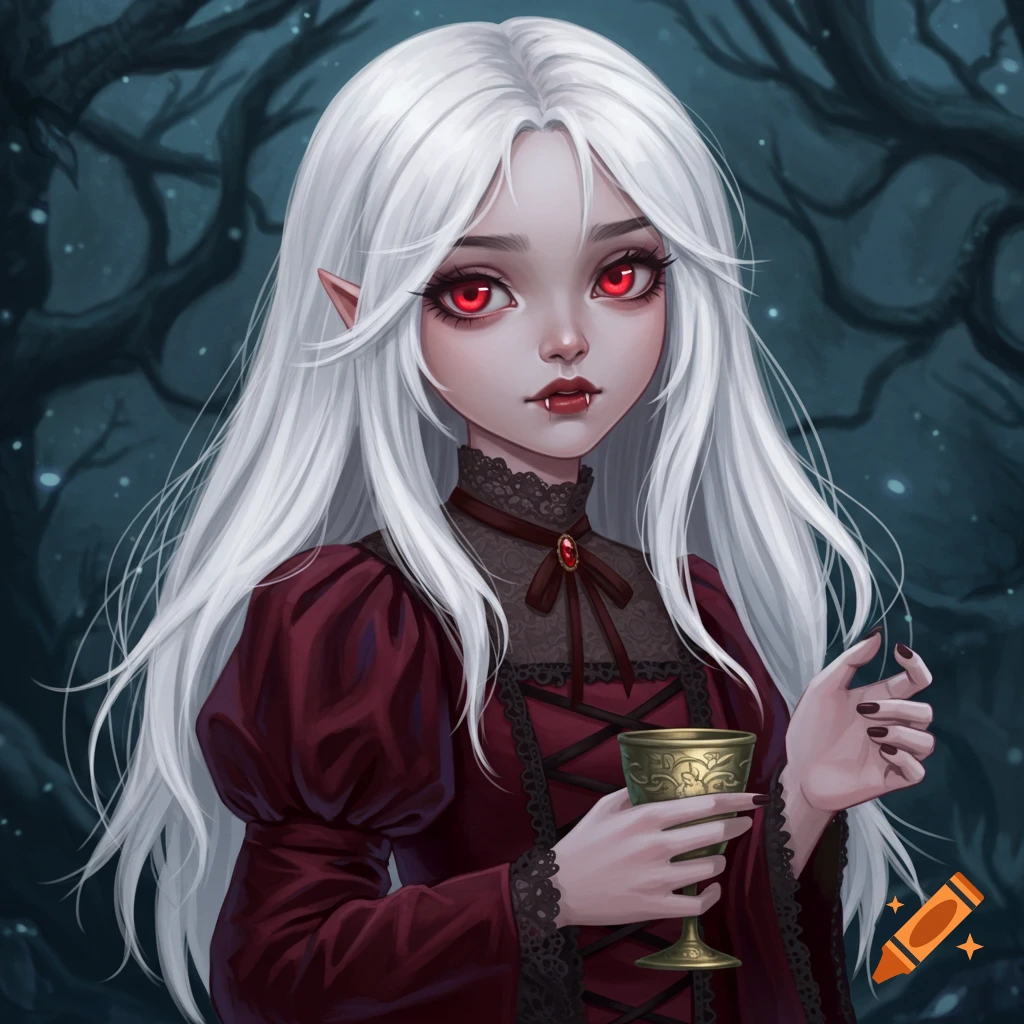 Illustration of a white-haired vampire girl with red eyes, fangs, and a goblet, in a dark forest.