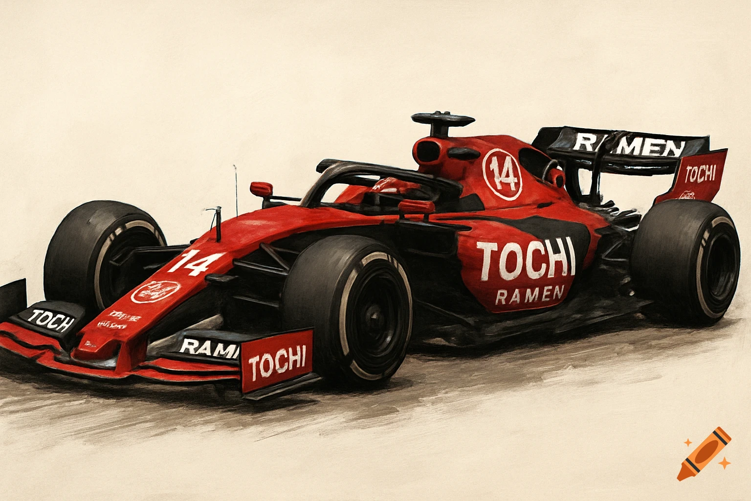 Red and black Formula 1 car with Tochi Ramen branding and number 14, painterly style.