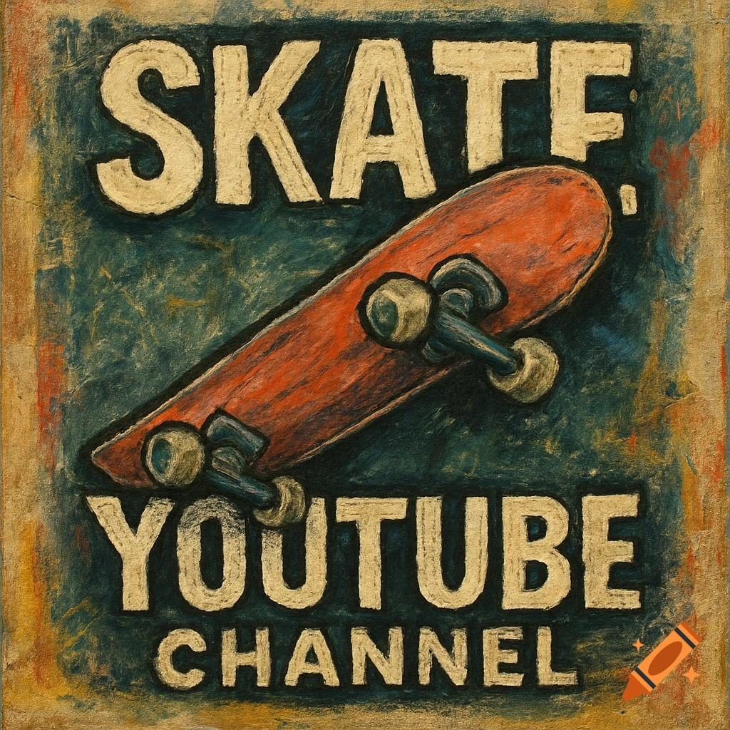 A logo for a skateboarding YouTube channel in a grunge art style, featuring a skateboard and the words SKATE YOUTUBE CHANNEL.