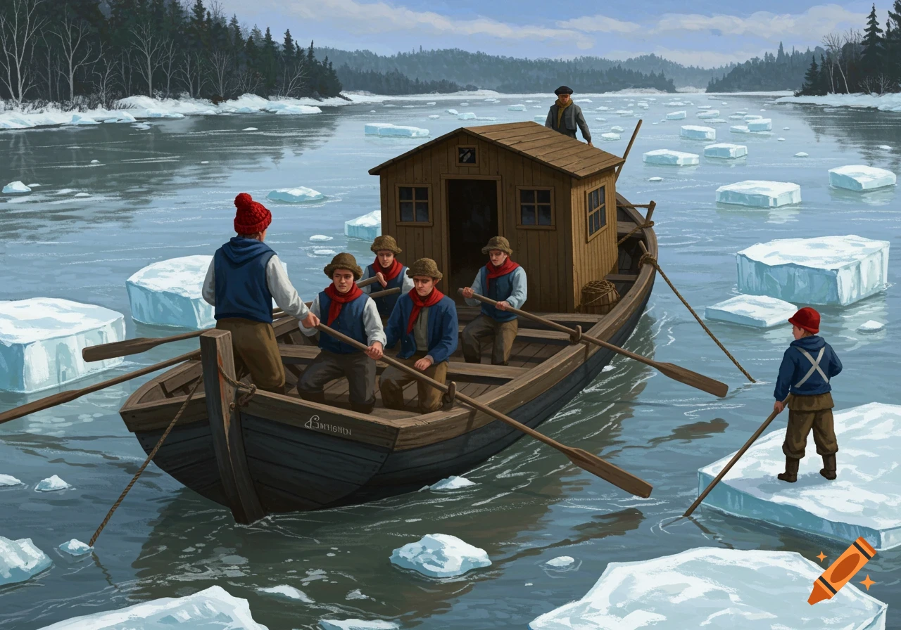 People in historical clothing on a boat navigating an icy river.