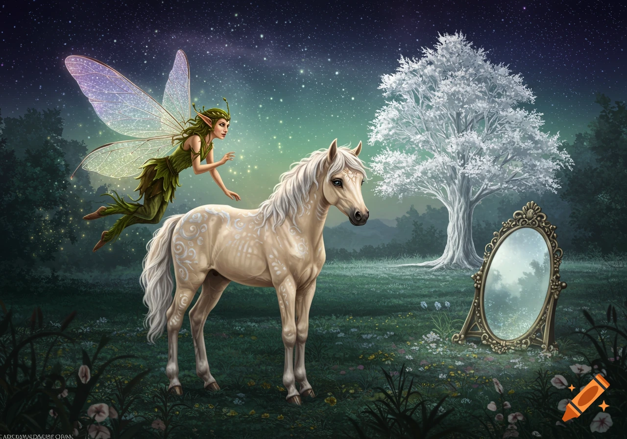 A fairy flies above a light brown horse in a magical forest with a white tree and antique mirror under a starry sky.