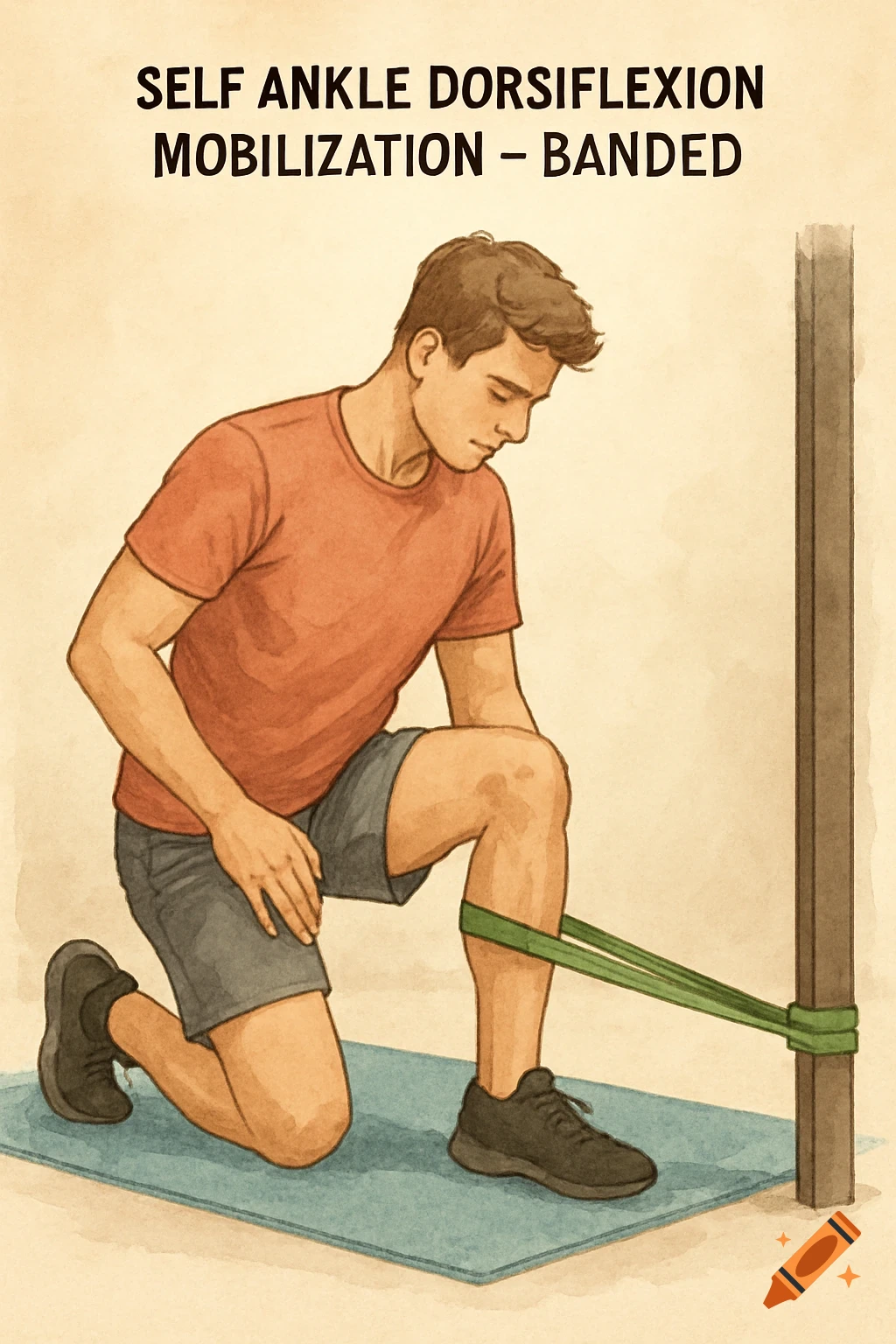 Illustration of a man kneeling, performing ankle dorsiflexion mobilization with a resistance band. Text above reads 'SELF ANKLE DORSIFLEXION MOBILIZATION – BANDED'.