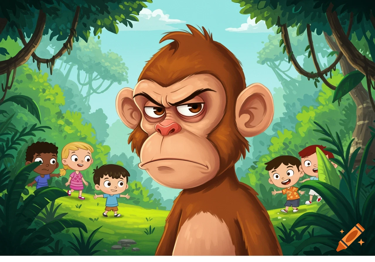 Annoyed cartoon monkey looking at smiling kids in a jungle clearing, playful cartoon style.