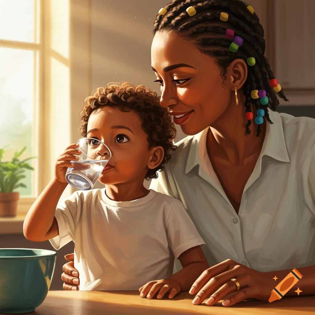 A mother watches her young son drink water from a glass, with warm lighting.