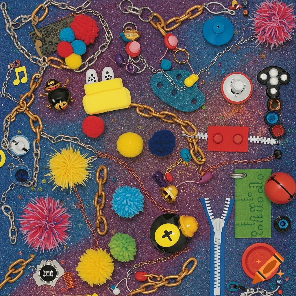 A colorful, chaotic arrangement of objects including gold chains, pom poms, bells, zippers, and toys on a sparkly blue background.