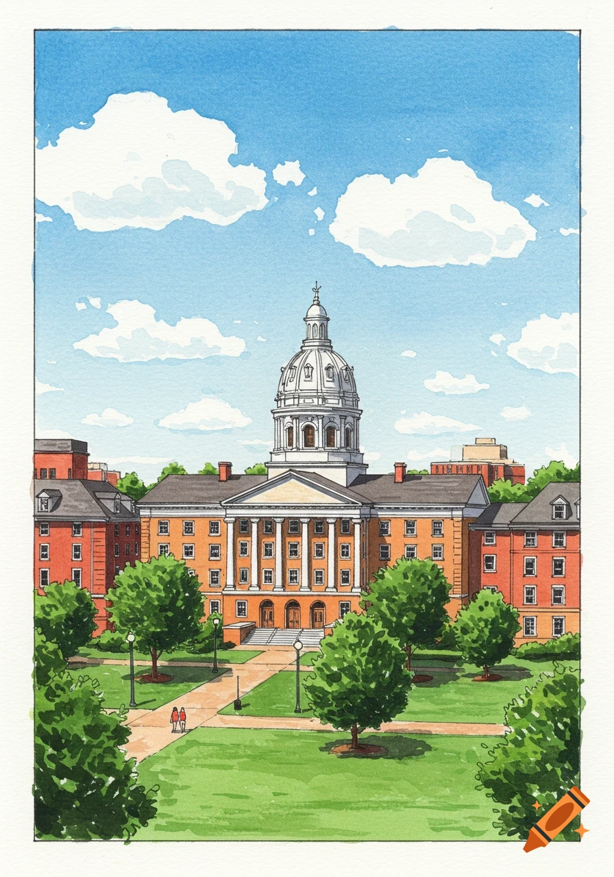 Watercolor painting of a large domed university building with trees and lawn.
